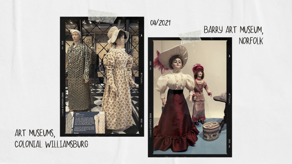 Two photos of museum galleries: on the left, two mannequins wearing 18th-century gowns; on the right, two fashion dolls wearing turn-of-the 20th century fashions