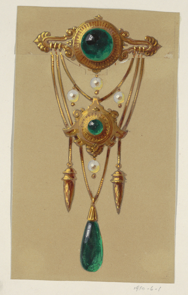 drawing of design for a golden brooch with cabochon emeralds
