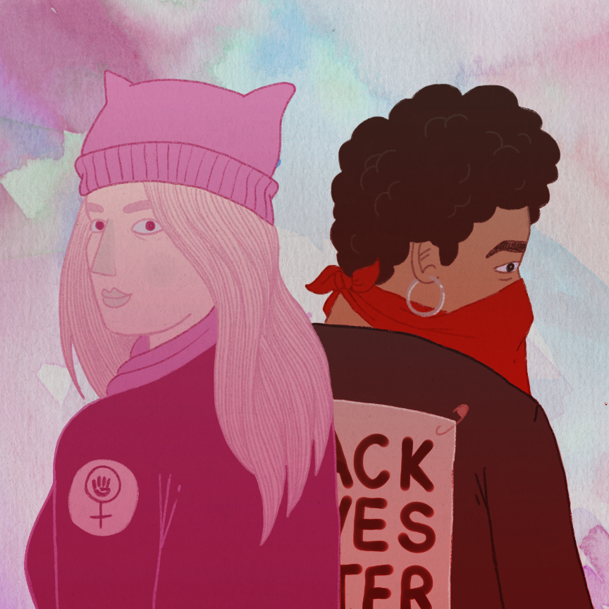 Illustration of two women, one of them wearing a pink pussyhat and the other with a jacket that reads "black lives matter"