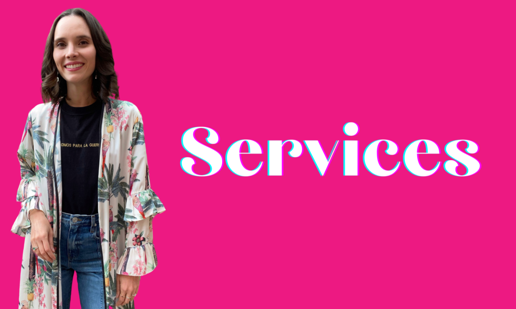 Photo of Laura on a hot-pink ground with the word "services"
