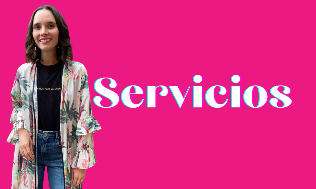 Foto de Laura sobre un fondo fucsia con la palabra "servicios"
