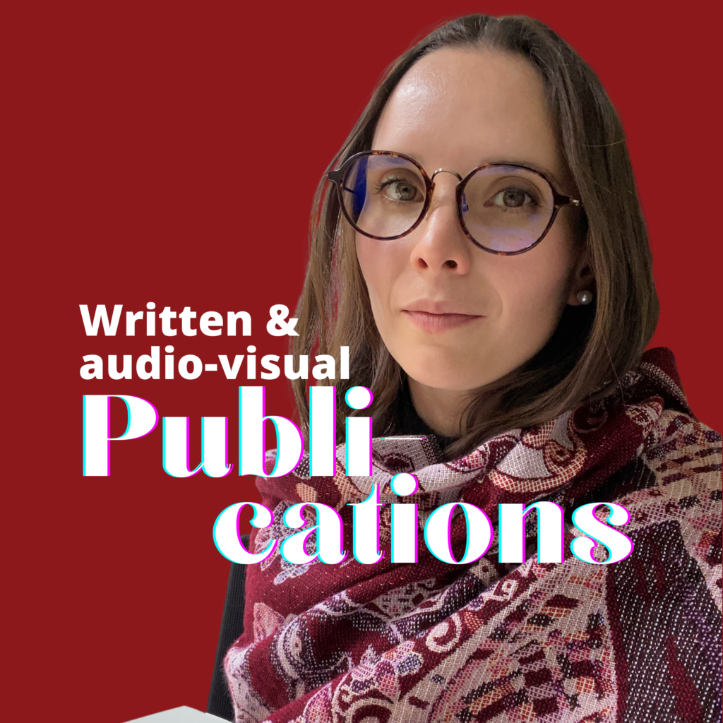 Photo of Laura with the text "Written & audiovisual publications" on a dark red grround